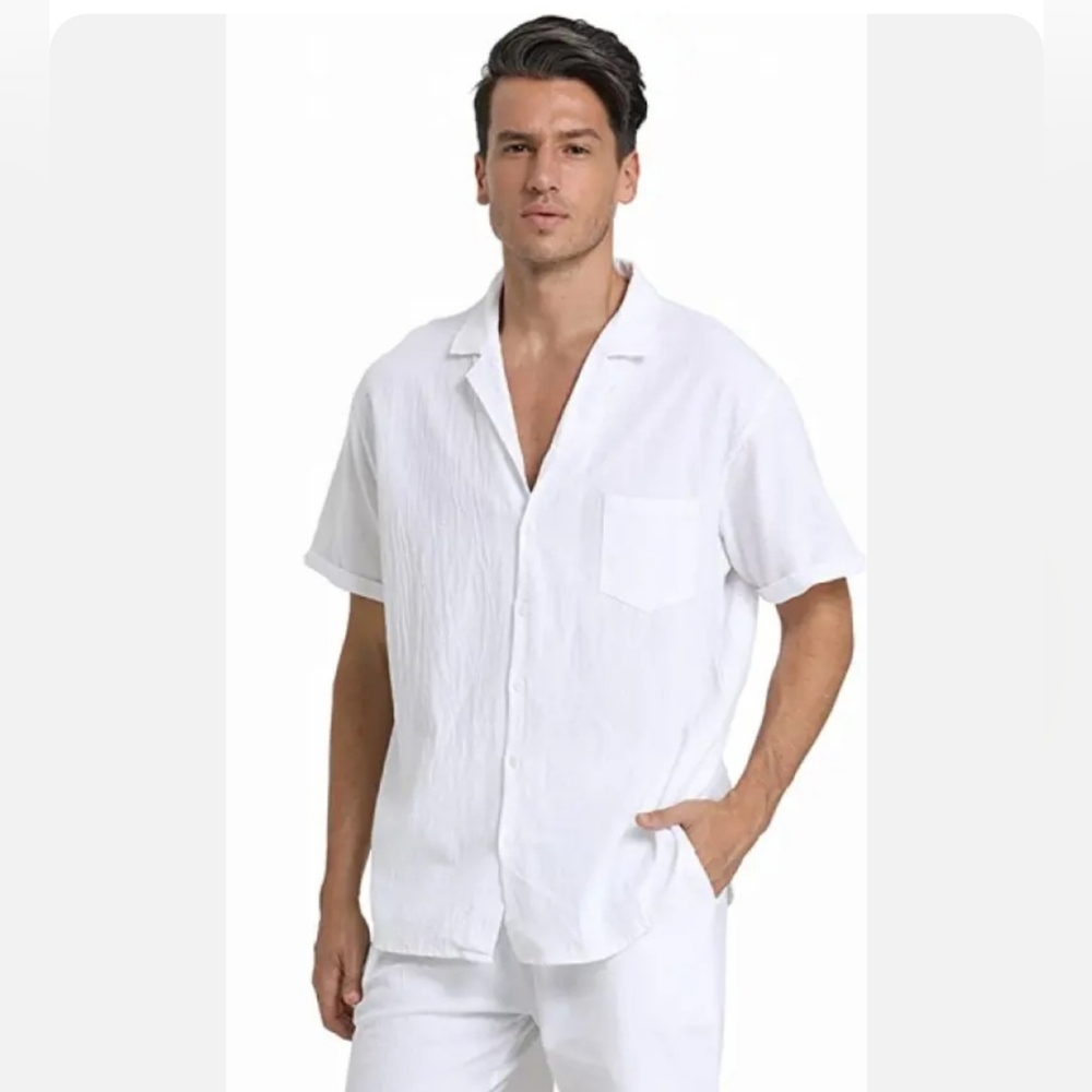RPOVIG Men's Linen white short slev Shirt _ Beach/Summer Outfit or Casual_ LARGE